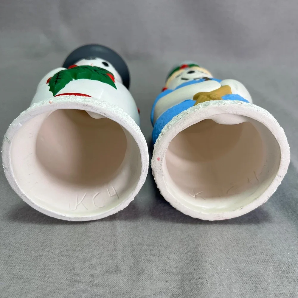Vintage Hand Painted Ceramic Snowman Couple Taper Candlestick Holders Christmas‎